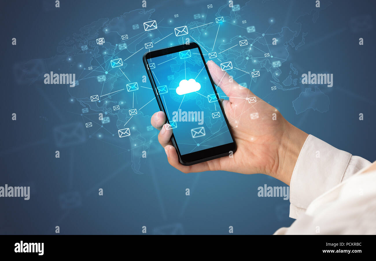 Female hand using smartphone with cloud, message and global concept ...