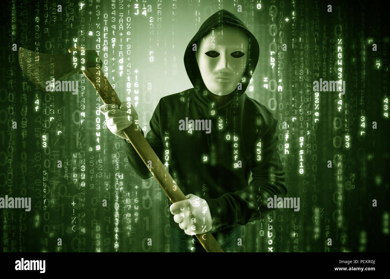 Masked and armed anonymous hacker breaking in cyber security cloud data concept  Stock Photo