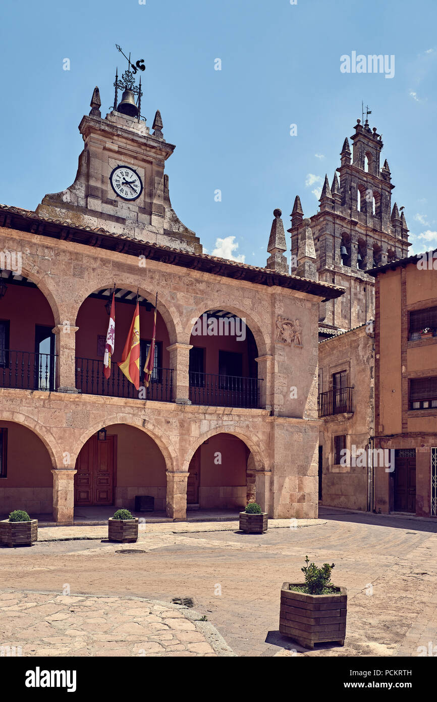 Palace of the Marquis of Villena, Ayllón town hall and bulrush of the church Santa Maria la Mayor, Segovia, Spain, Europe Stock Photo