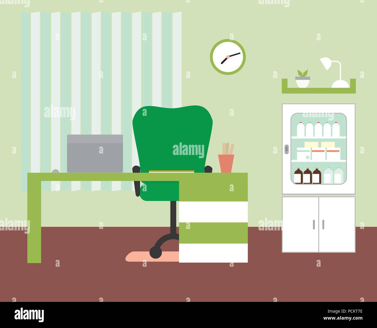 Office or doctor's office with table and chair, laptop and medicine box with clock and shelf on green wall with blinds - vector Stock Vector