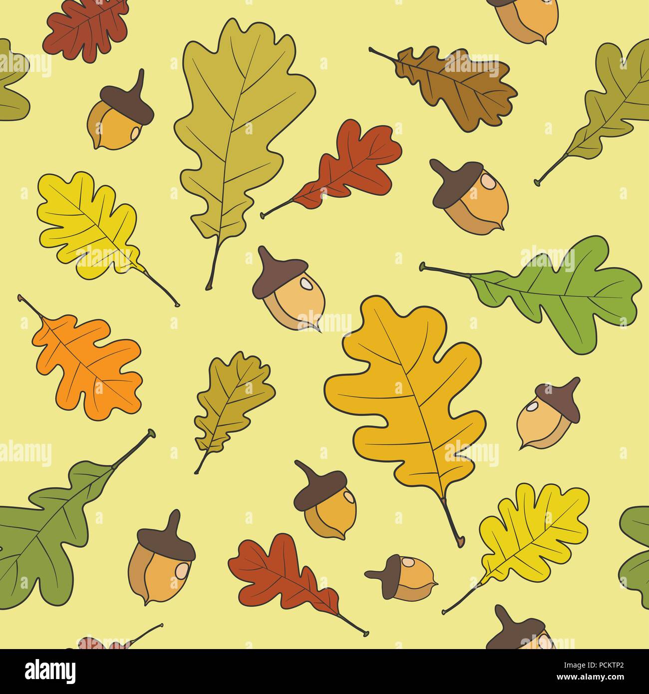 Seamless pattern autumn leaves background. Autumn plants with oak leaves.  Autumn oak leaves hipster background. Fabric pattern. Textile pattern. Vect Stock Vector
