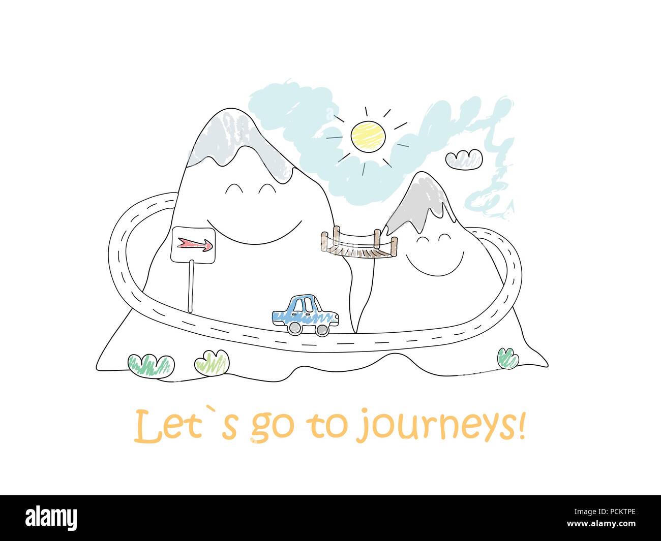 Road trip doodle. Mountain landscape for journey. Comic character. Vector EPS 10 Stock Vector