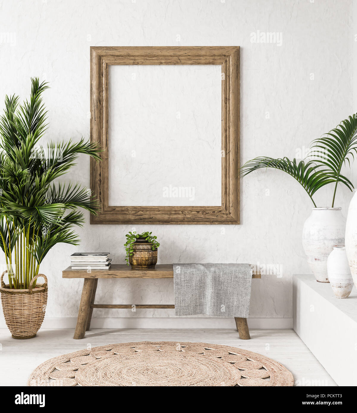 Old wooden frame mockup in interior background,Scandiboho style, 3d