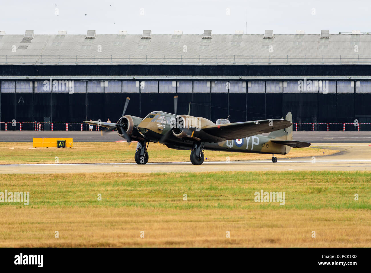 A Bristol Blenhiem taxis on to the runway at the 2018 Farnborough Airshow Stock Photo