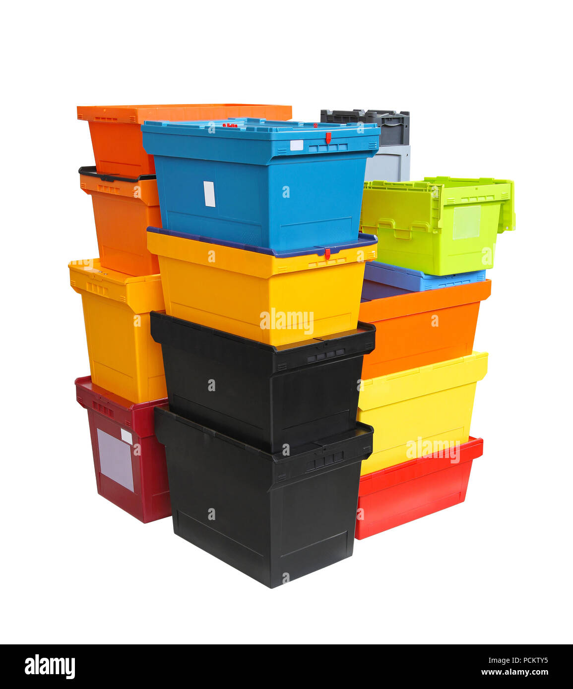 Colourful plastic crates and boxes for delivery shipping Stock Photo