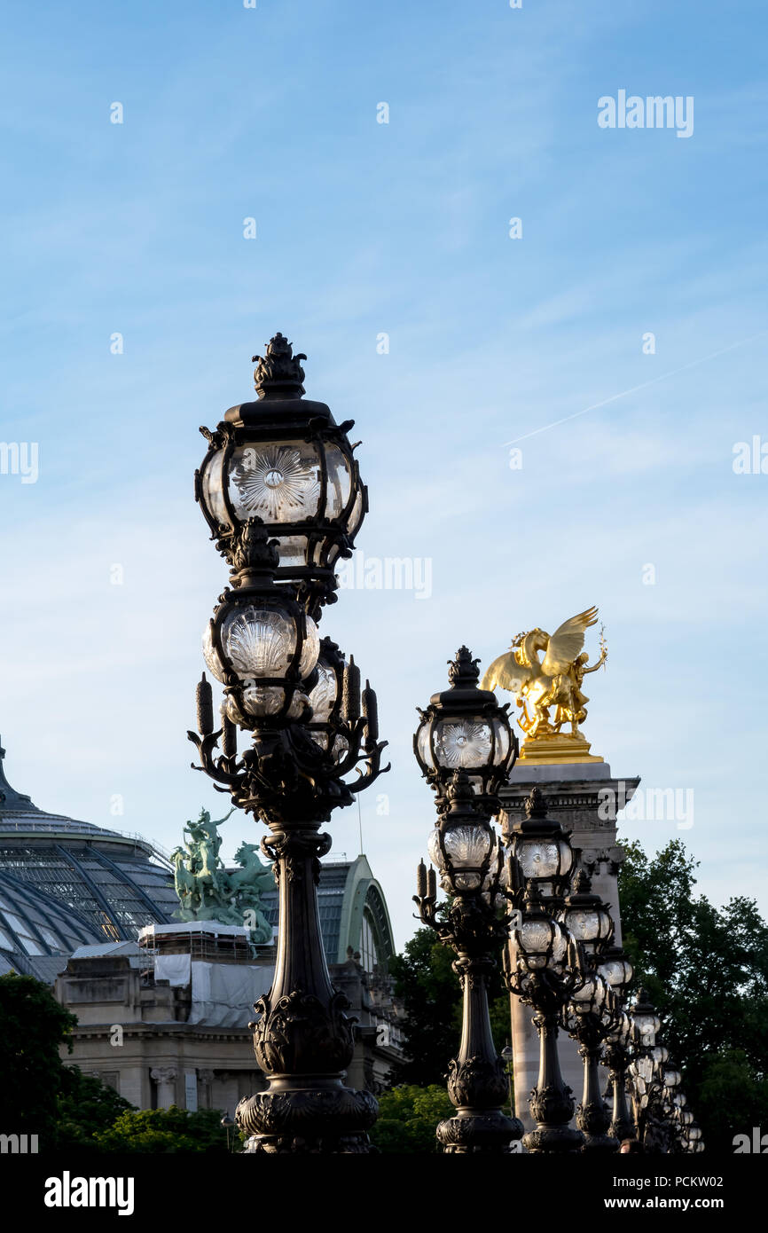 Art Nouveau lamps on Pont Alexandre III - Paris, France Stock Photo