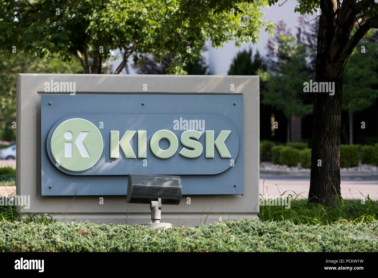 A logo sign outside of the headquarters of KIOSK Information Systems in Louisville, Colorado, on July 21, 2018. Stock Photo