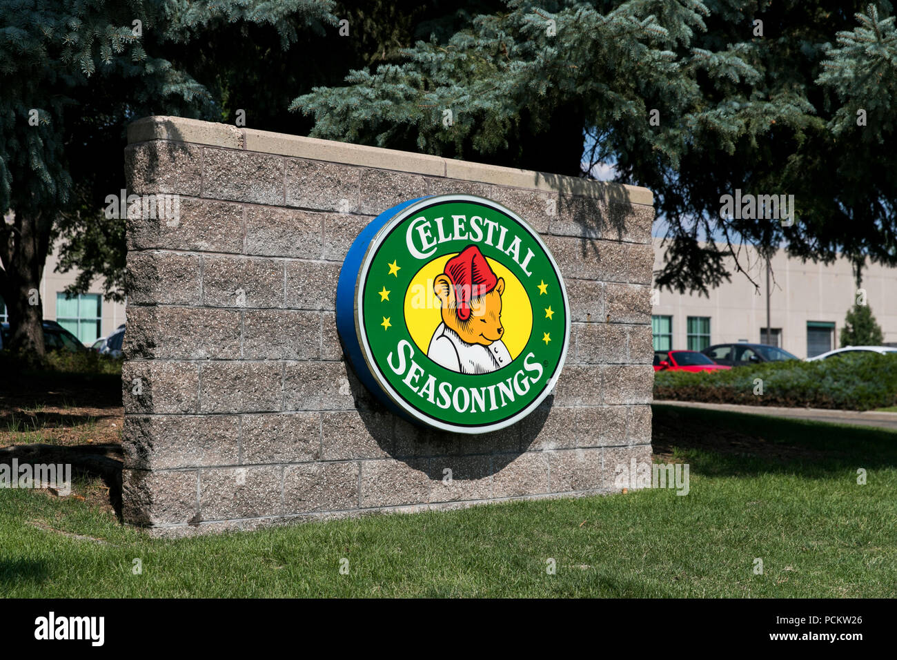 A logo sign outside of the headquarters of Celestial Seasonings in Boulder, Colorado, on July 21, 2018. Stock Photo