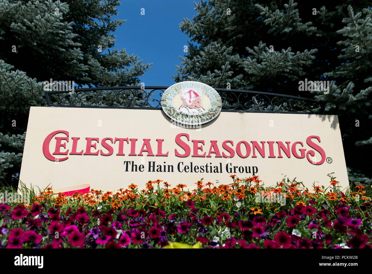 A logo sign outside of the headquarters of Celestial Seasonings in Boulder, Colorado, on July 21, 2018. Stock Photo