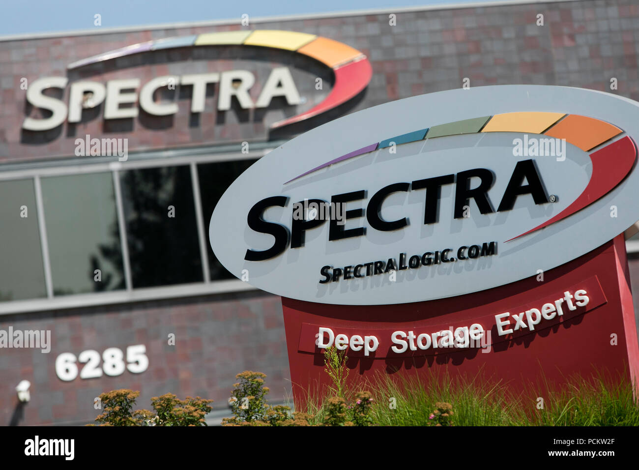 A logo sign outside of the headquarters of Spectra Logic in Boulder, Colorado, on July 21, 2018. Stock Photo