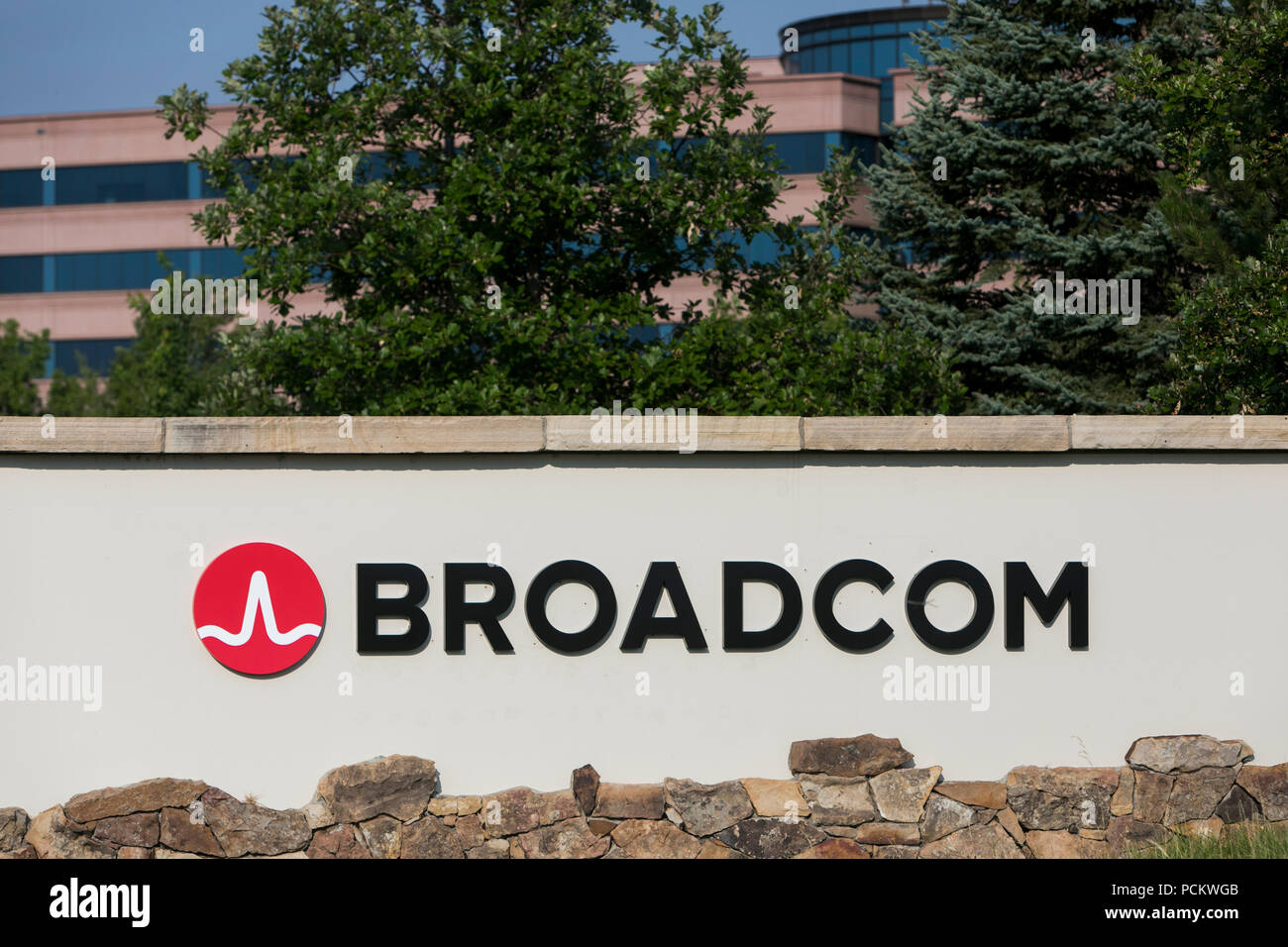 A logo sign outside of a facility occupied by Broadcom, Inc., in ...