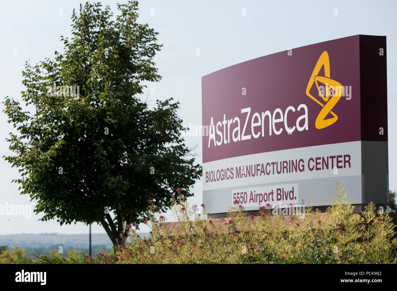 A logo sign outside of a facility occupied by AstraZeneca in Boulder, Colorado, on July 21, 2018. Stock Photo