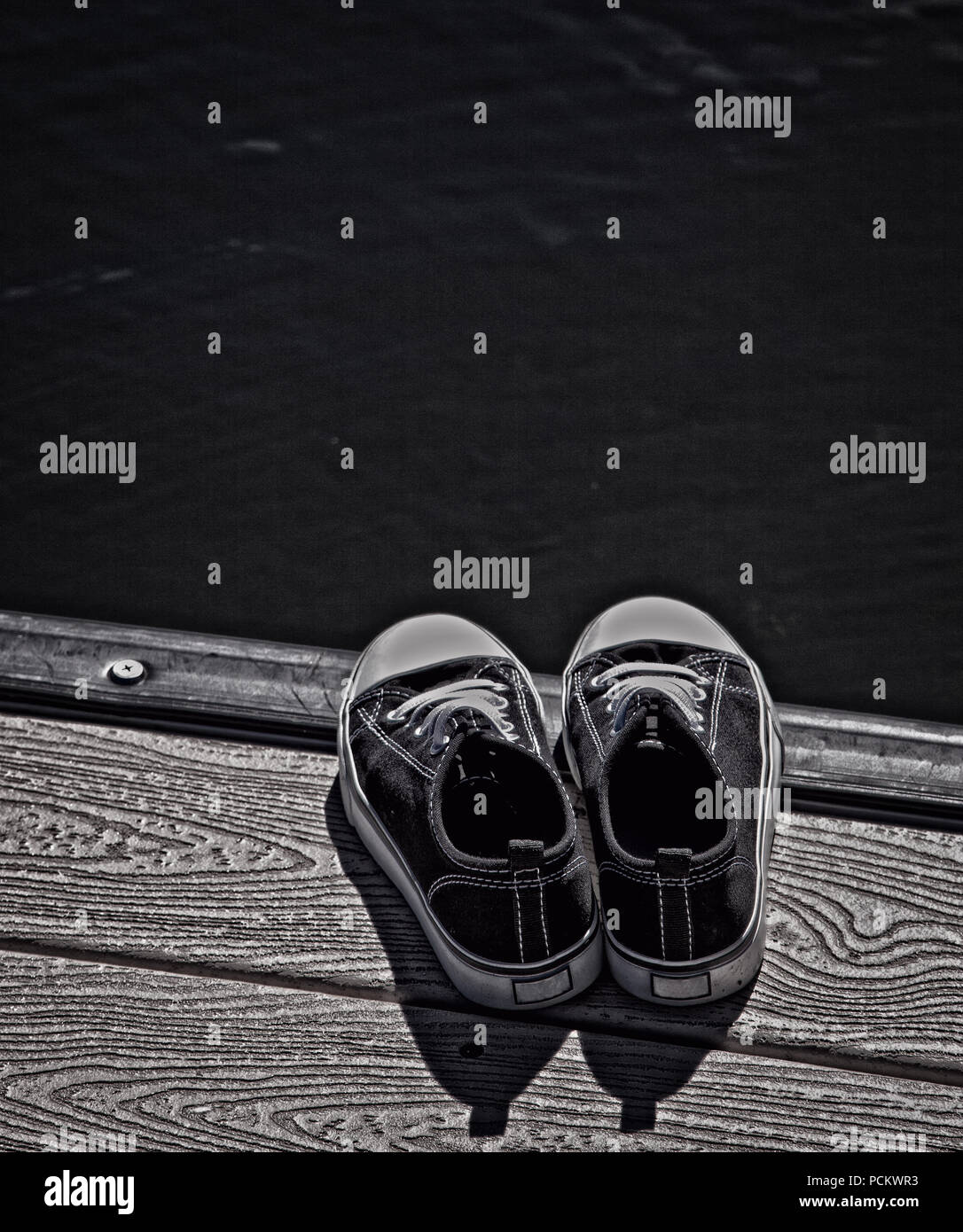 Dock Side, Peaceful, Alone, Stillness, nature, cottage, summertime, summer, water, dock, shoes, peace, outside, tranquil, nature, freedom Stock Photo