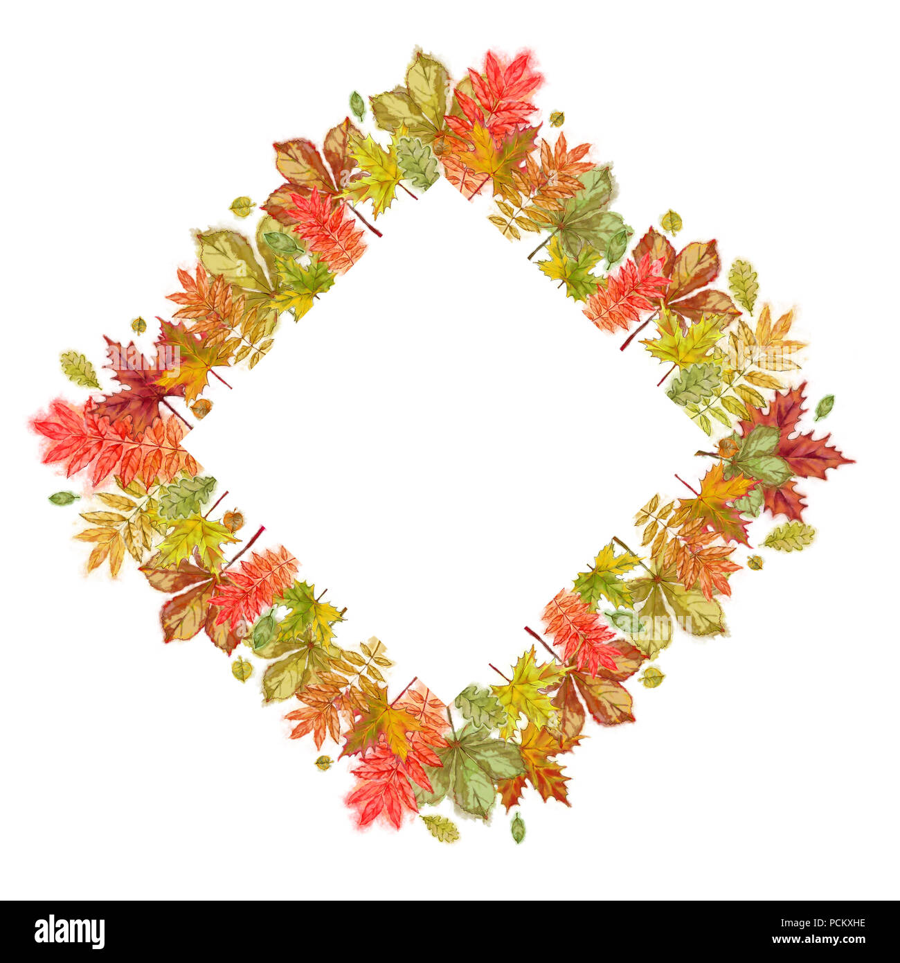 Autumnal Diamond Template Decorated with Band of Leaves. Autumn Leaves Template Isolated on White and with White Text Space. Stock Photo