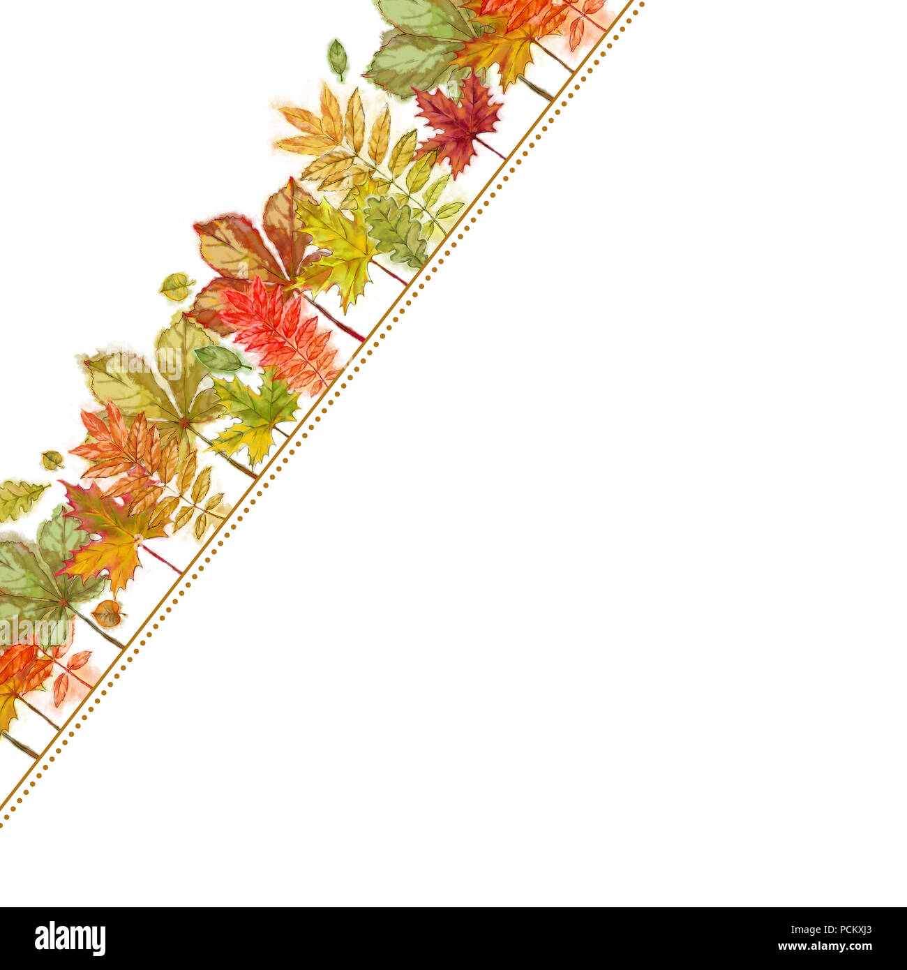 Autumnal Angled Template Isolated on White. Autumn Leaves Border Decorated White Template for Print, Announcement, Advertising, and Various Cards. Stock Photo