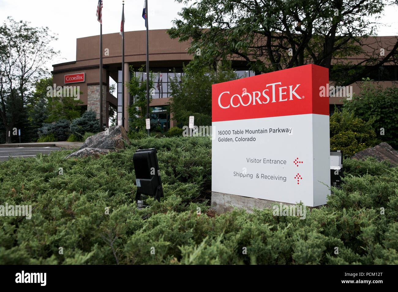 A logo sign outside a facility occupied by CoorsTek in Golden, Colorado