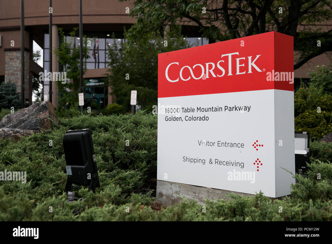 A logo sign outside a facility occupied by CoorsTek in Golden, Colorado