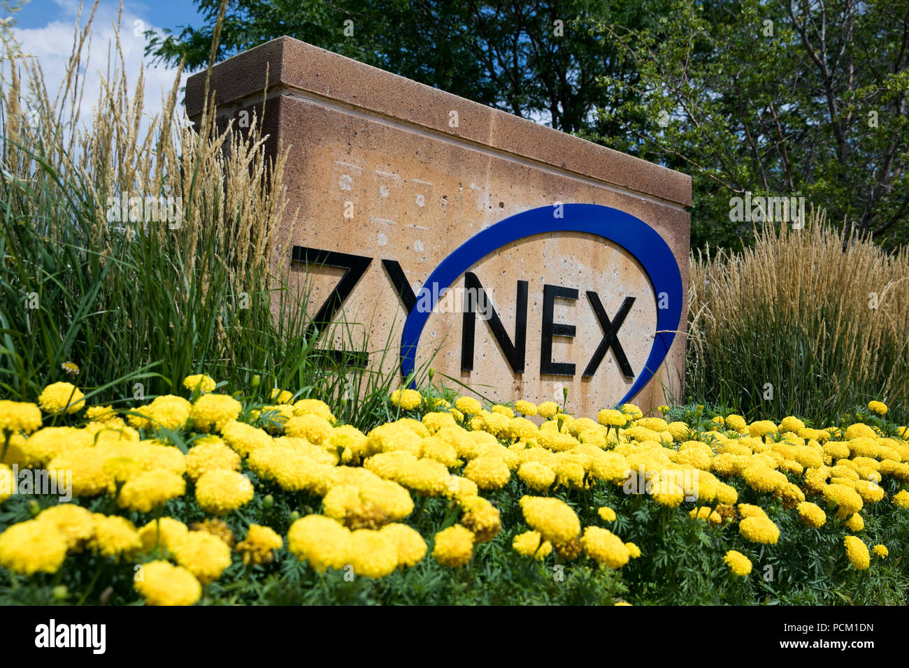 A logo sign outside of the headquarters of Zynex Medical in Englewood, Colorado, on July 22, 2018. Stock Photo