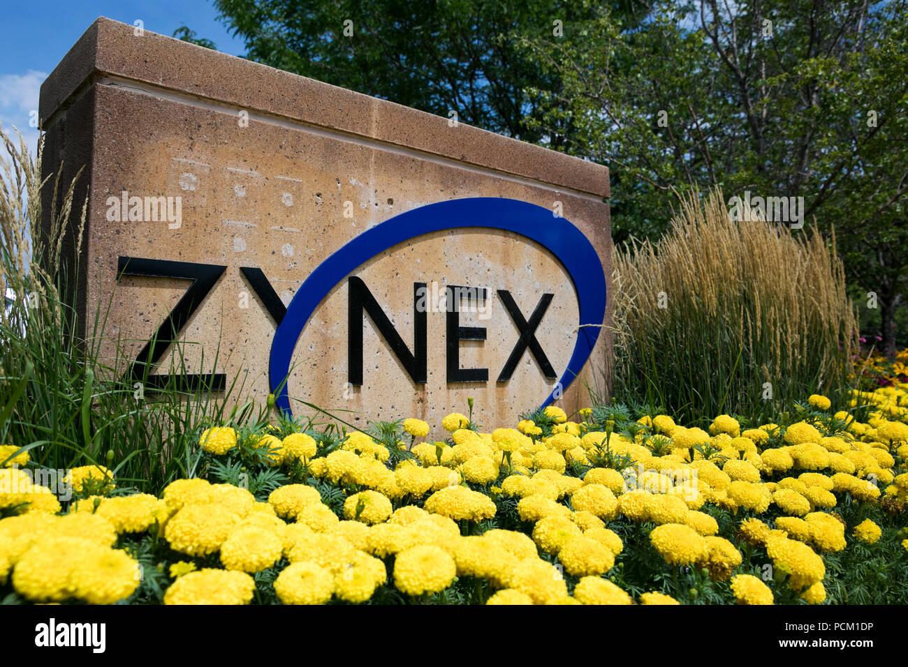 A logo sign outside of the headquarters of Zynex Medical in Englewood, Colorado, on July 22, 2018. Stock Photo