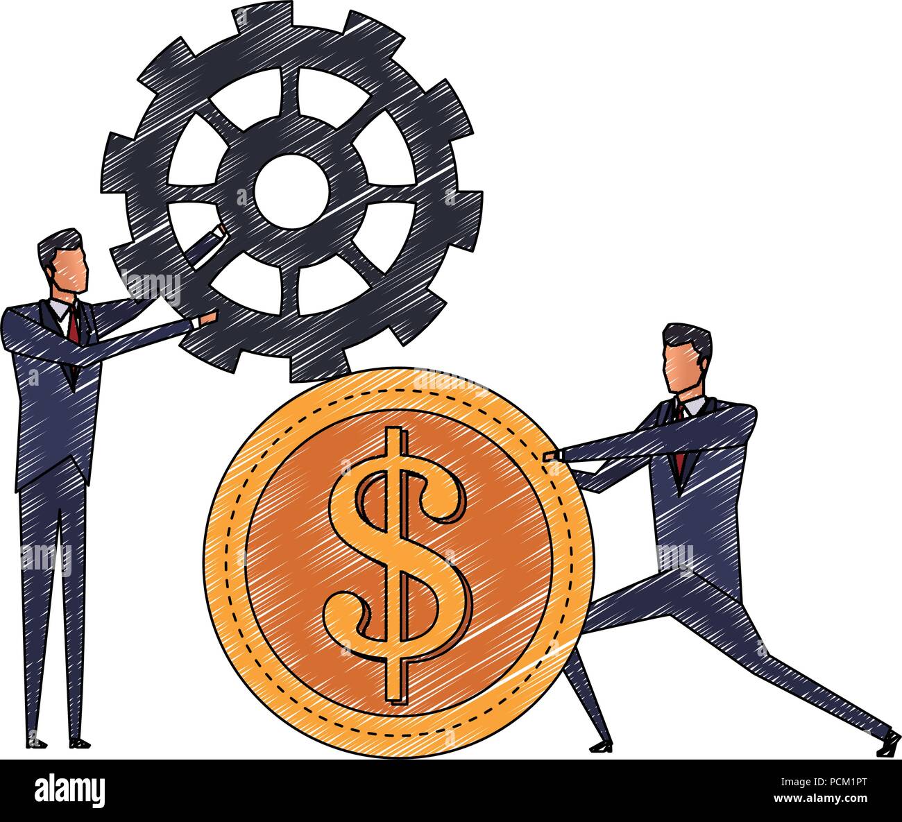 Businessmens pushing and holding coin and gear scribble Stock Vector ...