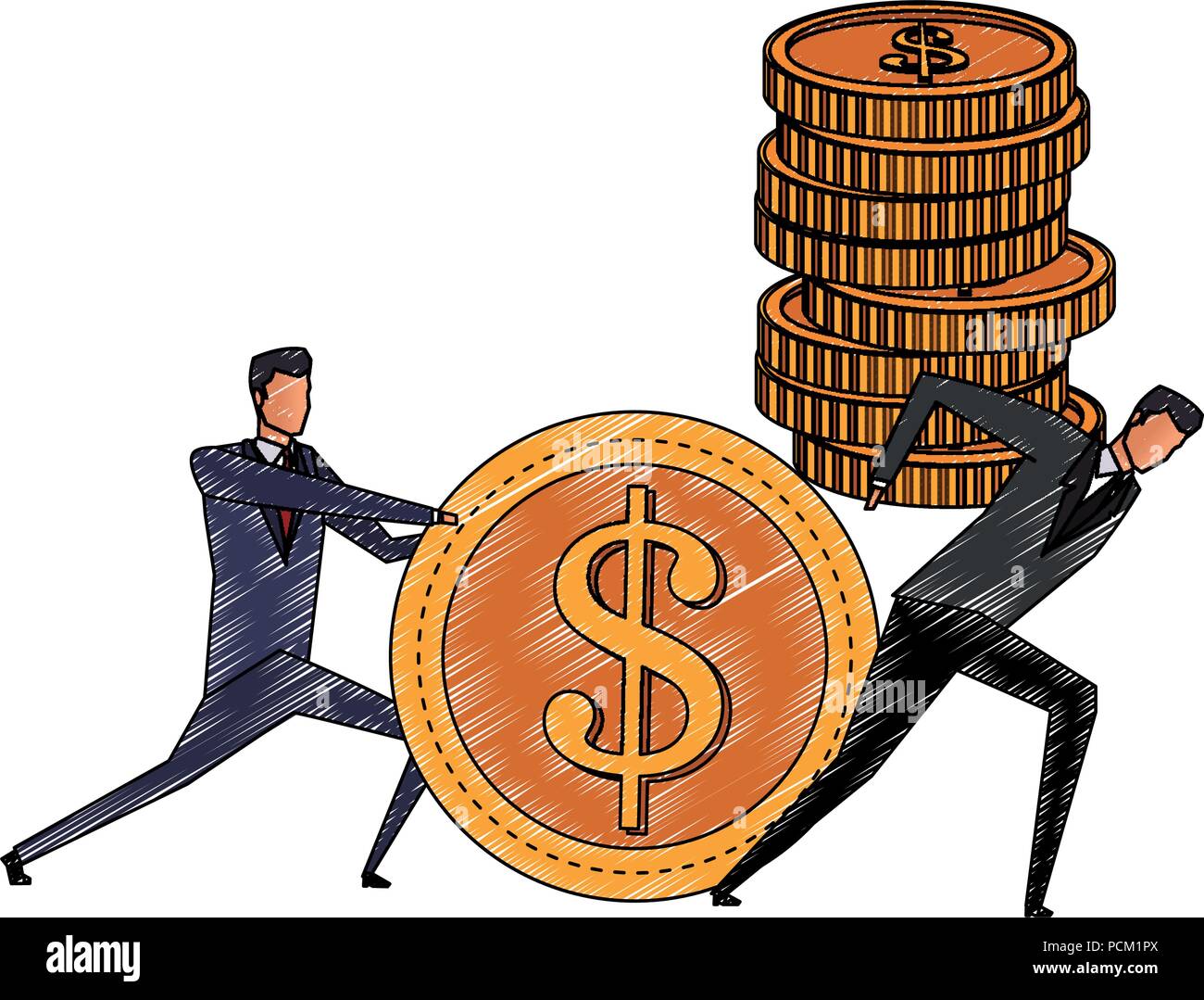 Businessmens pushing and holding a coins scribble Stock Vector Image ...