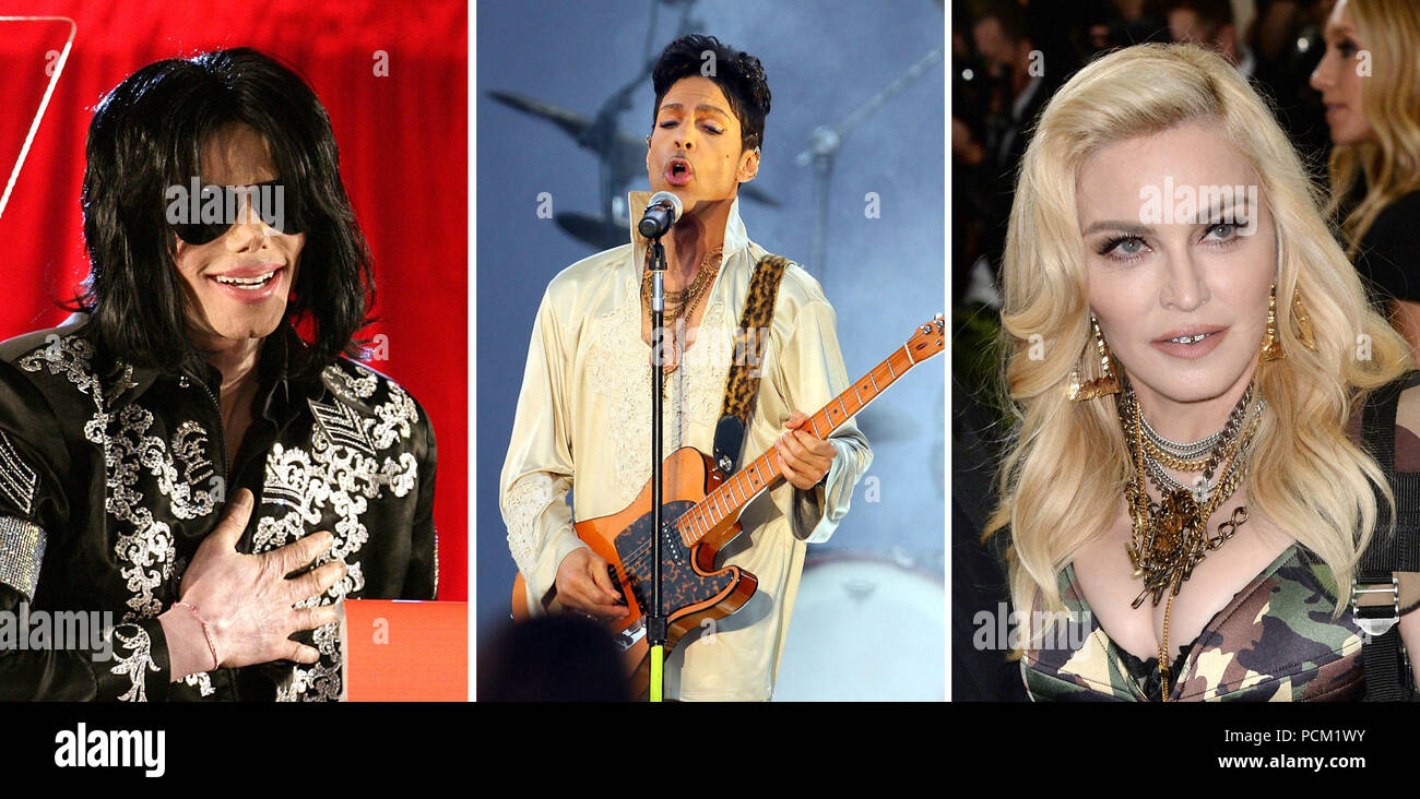 Undated File Composite Photo Of Left To Right Michael Jackson Prince And Madonna Whose 60th Birthdays Will Be Celebrated With A Series Of Radio Programmes Over The August Bank Holiday Weekend Stock