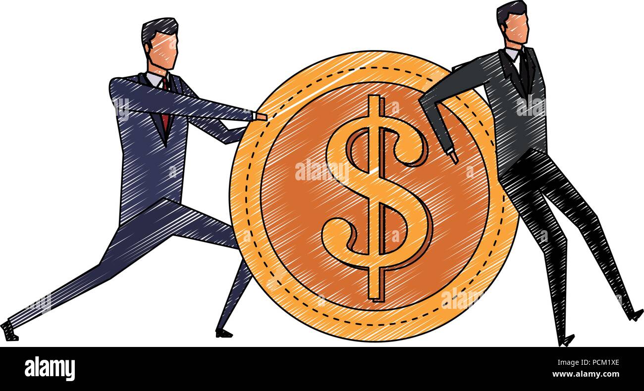 Businessmens pushing and holding a coin scribble Stock Vector Image ...