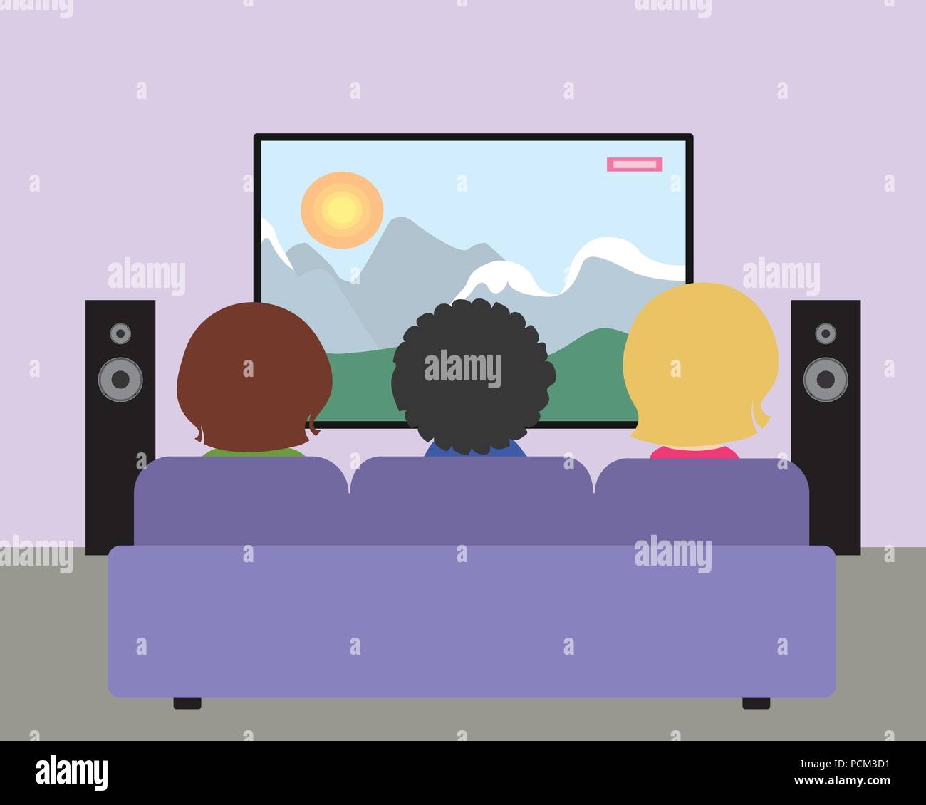 Family of three people sitting on the seat and watching television natural film in a purple living room with speakers - vector Stock Vector