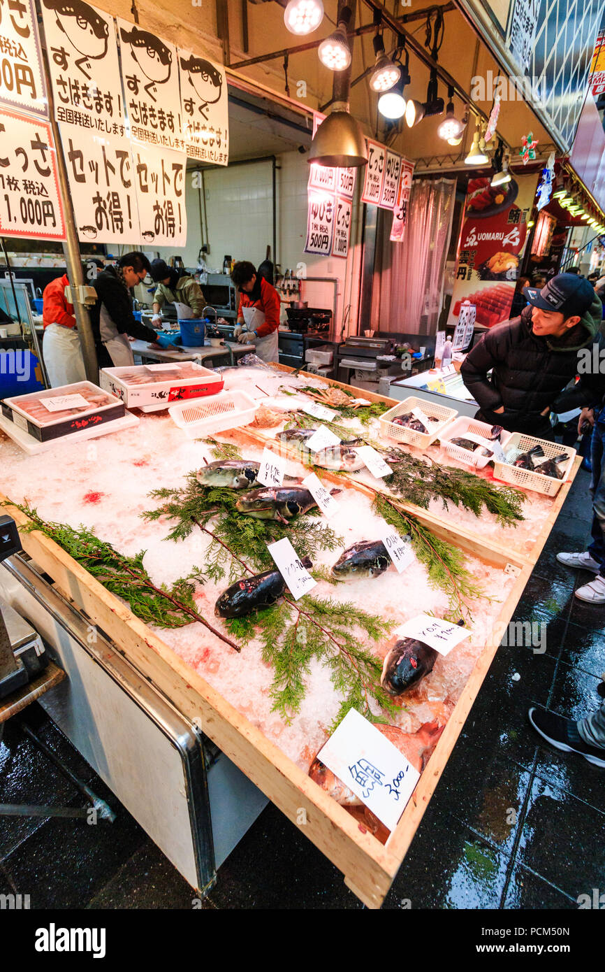Kuromon Ichiba, food market in Osaka. Fish monger stall with puffer