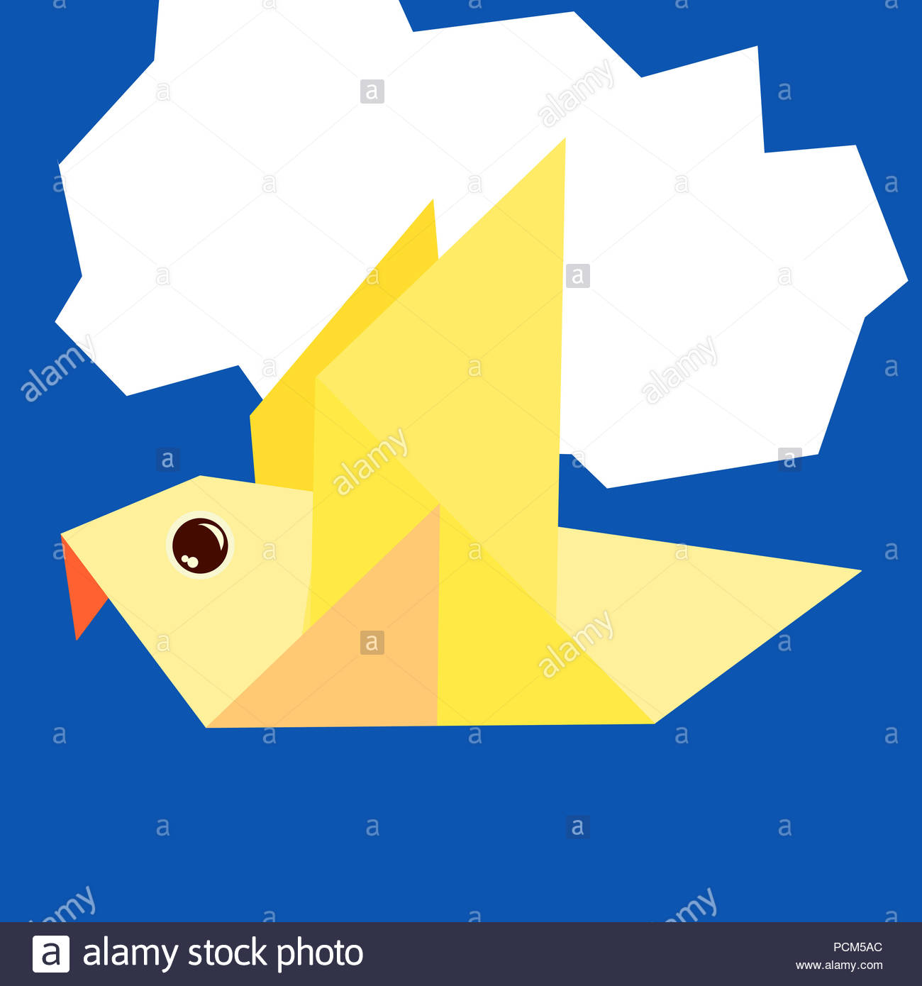 Pigeon Origami Flying Against A Paper Cloud Stock Photo