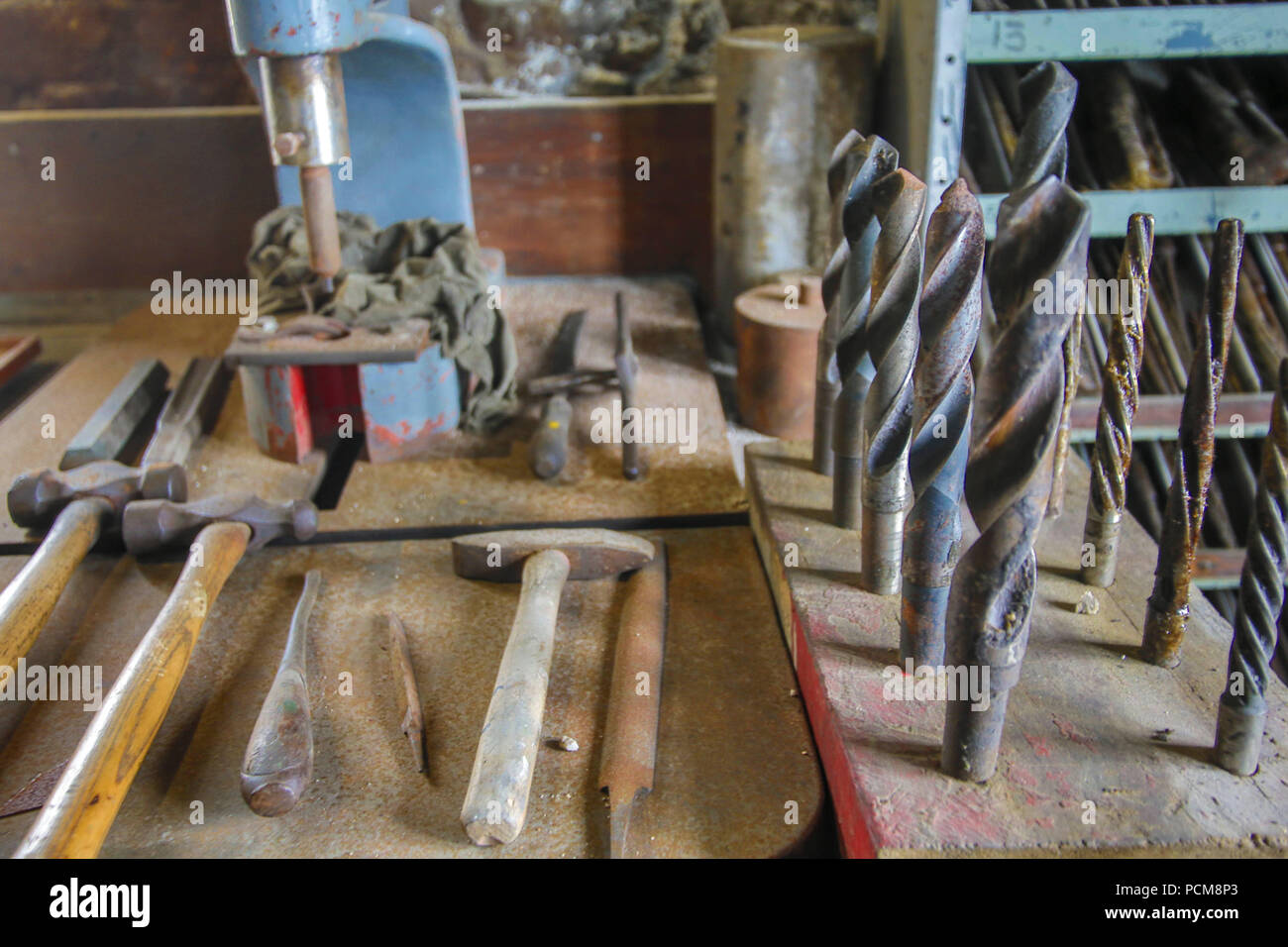 Old drill bits and tools in a maritime museum in Stanley in the
