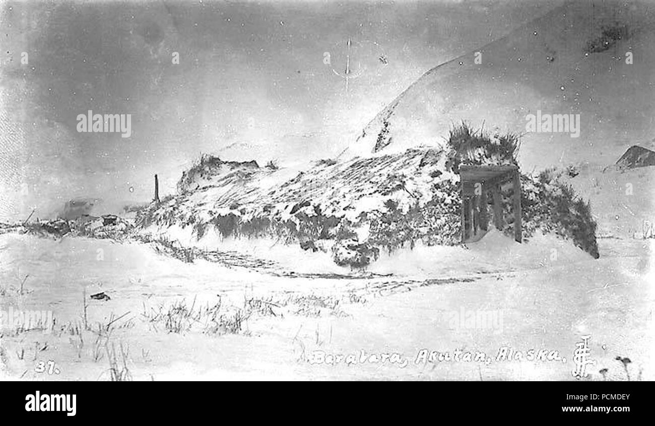 Aleut barabara or sod hut Akutan Bering Sea ca 1912 (THWAITES 13). Stock Photo