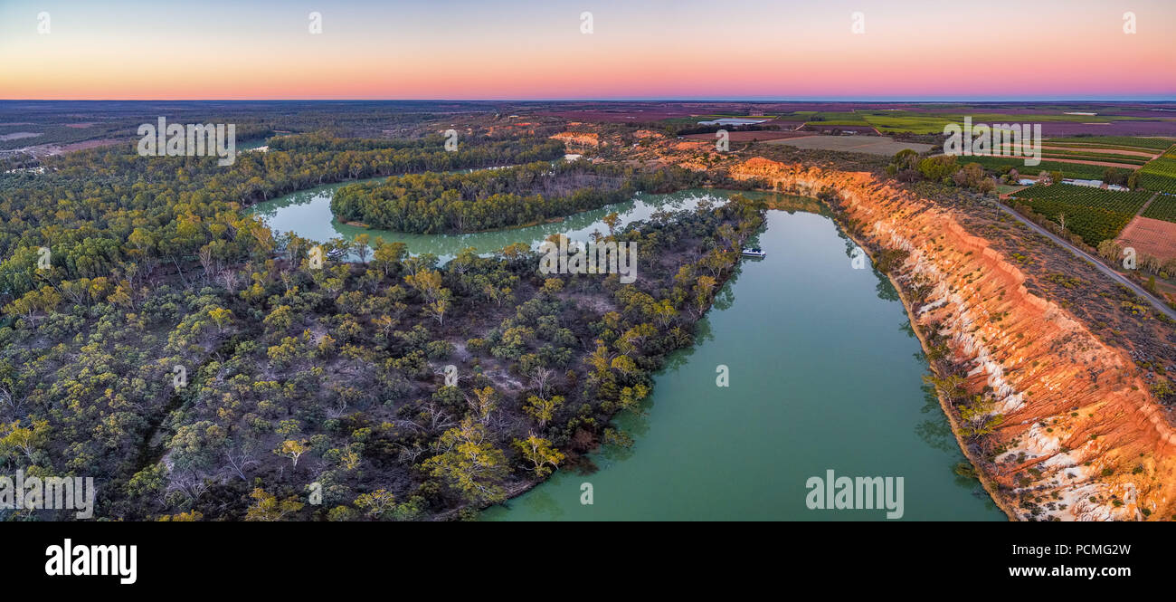 Aerial panoramic landscape of eroding sandstone shores of Murray RIver at dusk Stock Photo