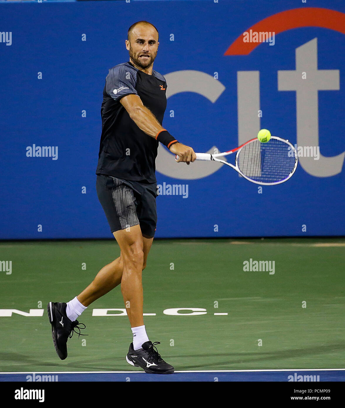 August 2, 2018: Marius Copil plays a shot during a Citi Open tennis match  at Rock Creek Park in Washington DC. Justin Cooper/CSM Stock Photo - Alamy