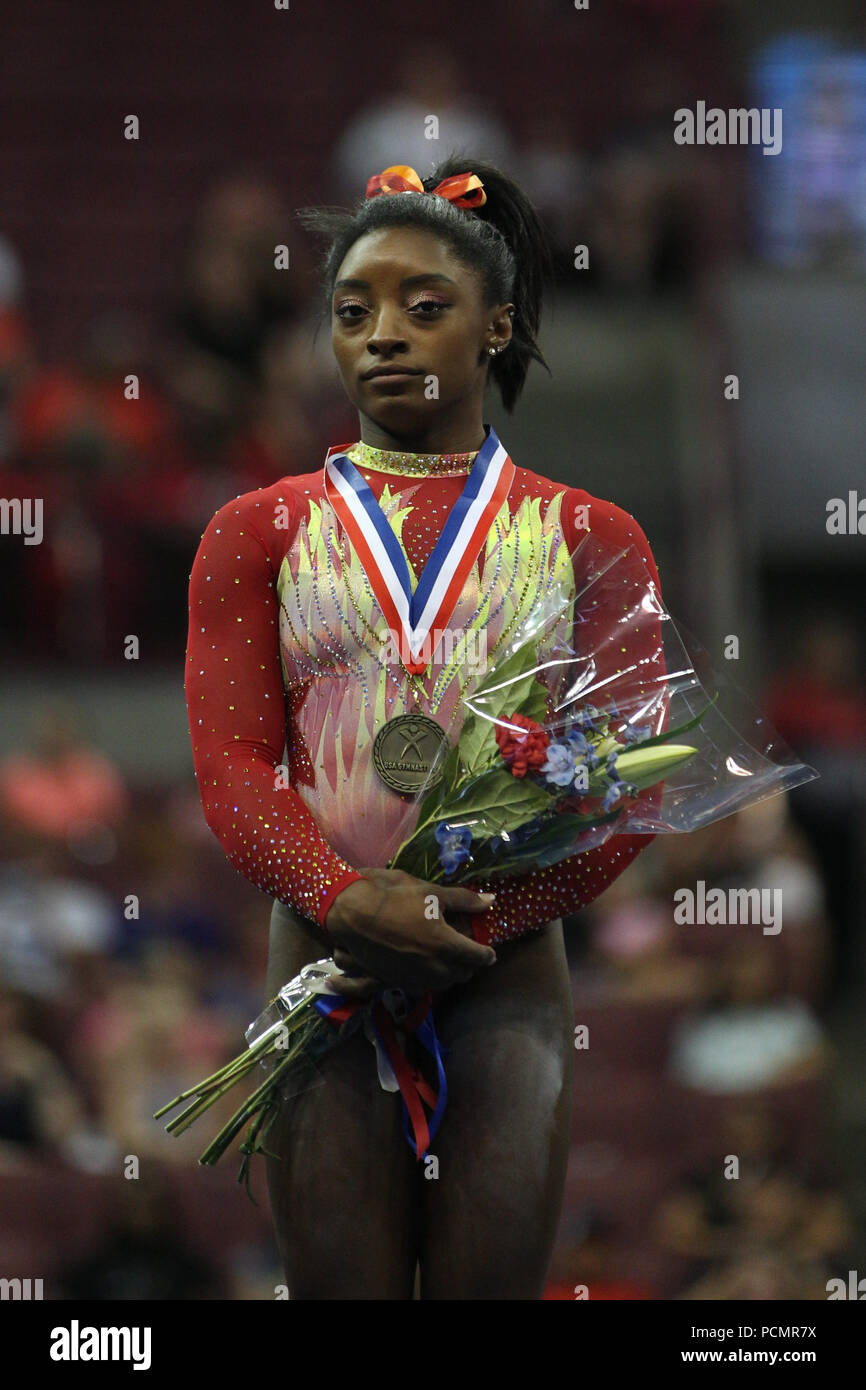 July 28, 2018: Gymnast Simone Biles wins the all-around at her first competition back from the 2016 Rio Olympics, at the 2018 GK U.S. Classic gymnastics championships. Melissa J. Perenson/CSM Stock Photo