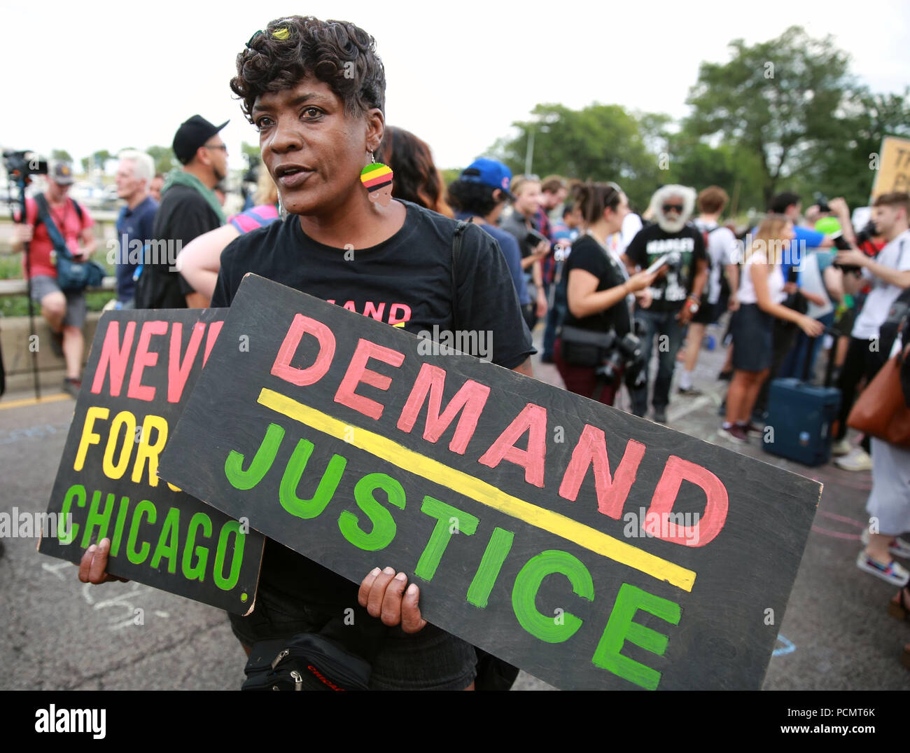 Chicago, USA. 2nd Aug, 2018. Protesters participate in anti-violence march in Chicago, the United States, Aug. 2, 2018. Hundreds of protesters marched through Chicago's iconic Lake Shore Drive on Thursday afternoon to draw public attention to gun violence and police misconduct. Credit: Wang Ping/Xinhua/Alamy Live News Stock Photo