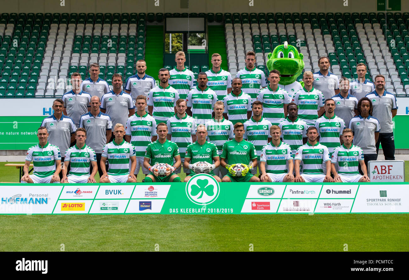 2nd German Bundesliga, official photocall SpVgg Greuther Fuerth for season 2018/19 in Fuerth, Germany: (front row L-R) David Raum, Patrick Sontheimer, Benedikt Kirsch, goalkeeper Marius Funk, goalkeeper Sascha Burchert, goalkeeper Leon Schaffran, Sebastian Ernst, Maximilian Wittek, Levent Aycicek; (second row L-R) head coach Damir Buric, assistant coach Oliver Barth, Daniel Steininger, Tobias Mohr, Maximilian Sauer, Marco Caligiuri, David Atanga, Roberto Hilbert, physio Benjamin Ngarambe; (third row L-R) assistant coach Petr Ruman, goalkeeping coach Christian Fiedler, Serdar Dursun, Daniel Ke Stock Photo