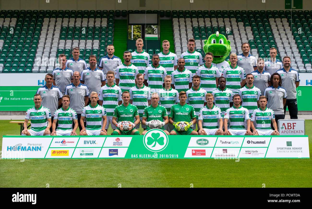 2nd German Bundesliga, official photocall SpVgg Greuther Fuerth for season 2018/19 in Fuerth, Germany: (front row L-R) David Raum, Patrick Sontheimer, Benedikt Kirsch, goalkeeper Marius Funk, goalkeeper Sascha Burchert, goalkeeper Leon Schaffran, Sebastian Ernst, Maximilian Wittek, Levent Aycicek; (second row L-R) head coach Damir Buric, assistant coach Oliver Barth, Daniel Steininger, Tobias Mohr, Maximilian Sauer, Marco Caligiuri, David Atanga, Roberto Hilbert, physio Benjamin Ngarambe; (third row L-R) assistant coach Petr Ruman, goalkeeping coach Christian Fiedler, Serdar Dursun, Daniel Ke Stock Photo