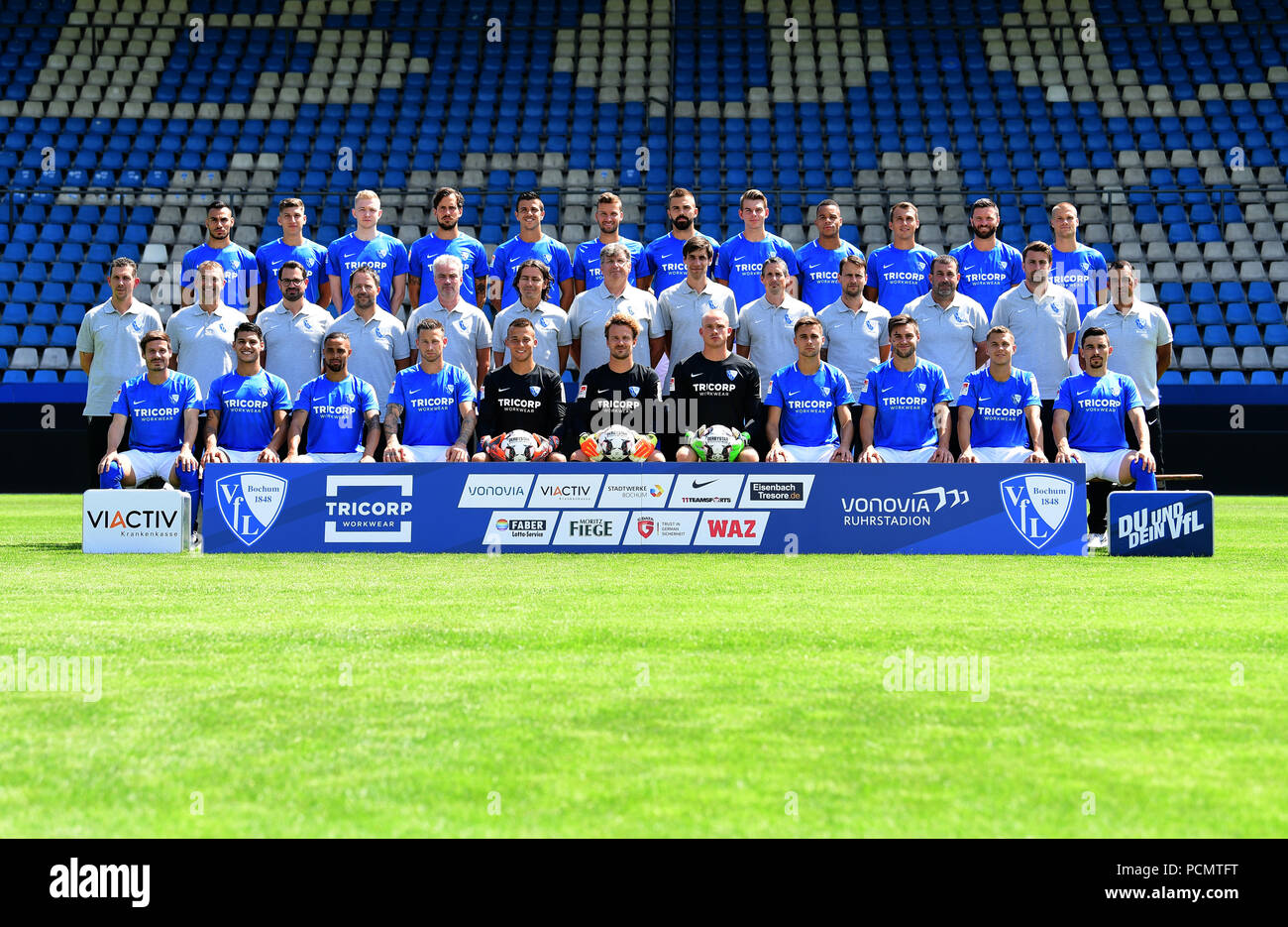 2nd German Bundesliga, official photocall VfL Bochum for season 2018/19 in Bochum, Germany: (front row L-R) Stefano Celozzi, Goerkem Saglam, Sidney Sam, Timo Perthel, goalkeeper Florian Kraft, goalkeeper Manuel Riemann, goalkeeper Felix Dornebusch, Milos Pantovic, Tom Baack, Sebastian Maier, Danilo Soares; (middle row L-R) kitman Markus Kloefkorn, kitman Andreas Pahl, team doctor Andre Schilling, performance diagnostician Rexhep Kushutani, physio Frank Zoellner, physio Sascha Zivanovic, physio Juergen Dolls, video analyst Nikolas Honette, rehab coach Stefan Bienioßek, athletics Joern Menger, g Stock Photo