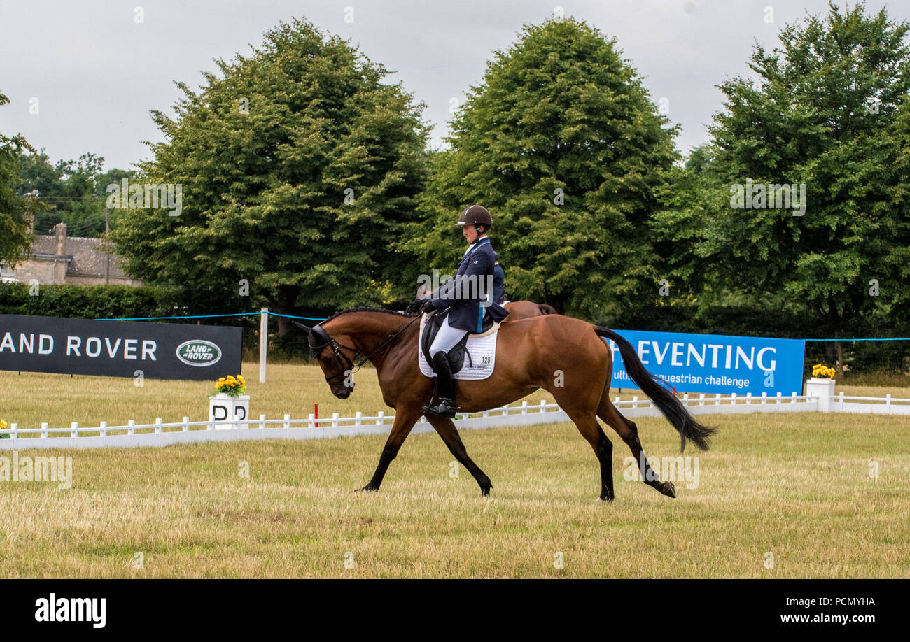 Gatcombe Park Gloucestershire Magic Millions  Festival British Eventing. Tom McEwen riding Dream Big during Retrained Racehorse Event Championship.Dressage event Stock Photo