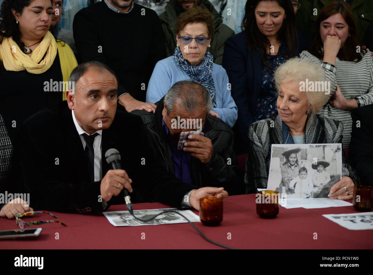 Buenos Aires, Argentina. 3rd Aug, 2018. Human Right organization Grandmothers of Plaza de Mayo at press conference announcing identity restitution of the 'Number 128 Grandson.' Marcos Ramos, was born in San Miguel de Tucuman and was kidnapped in 1976 along with his mother Rosario del Carmen Ramos and his older brother, Ismael. Today the brothers met again thanks to the work of Grandmothers of Plaza de Mayo. Credit: Julieta Ferrario/ZUMA Wire/Alamy Live News Stock Photo