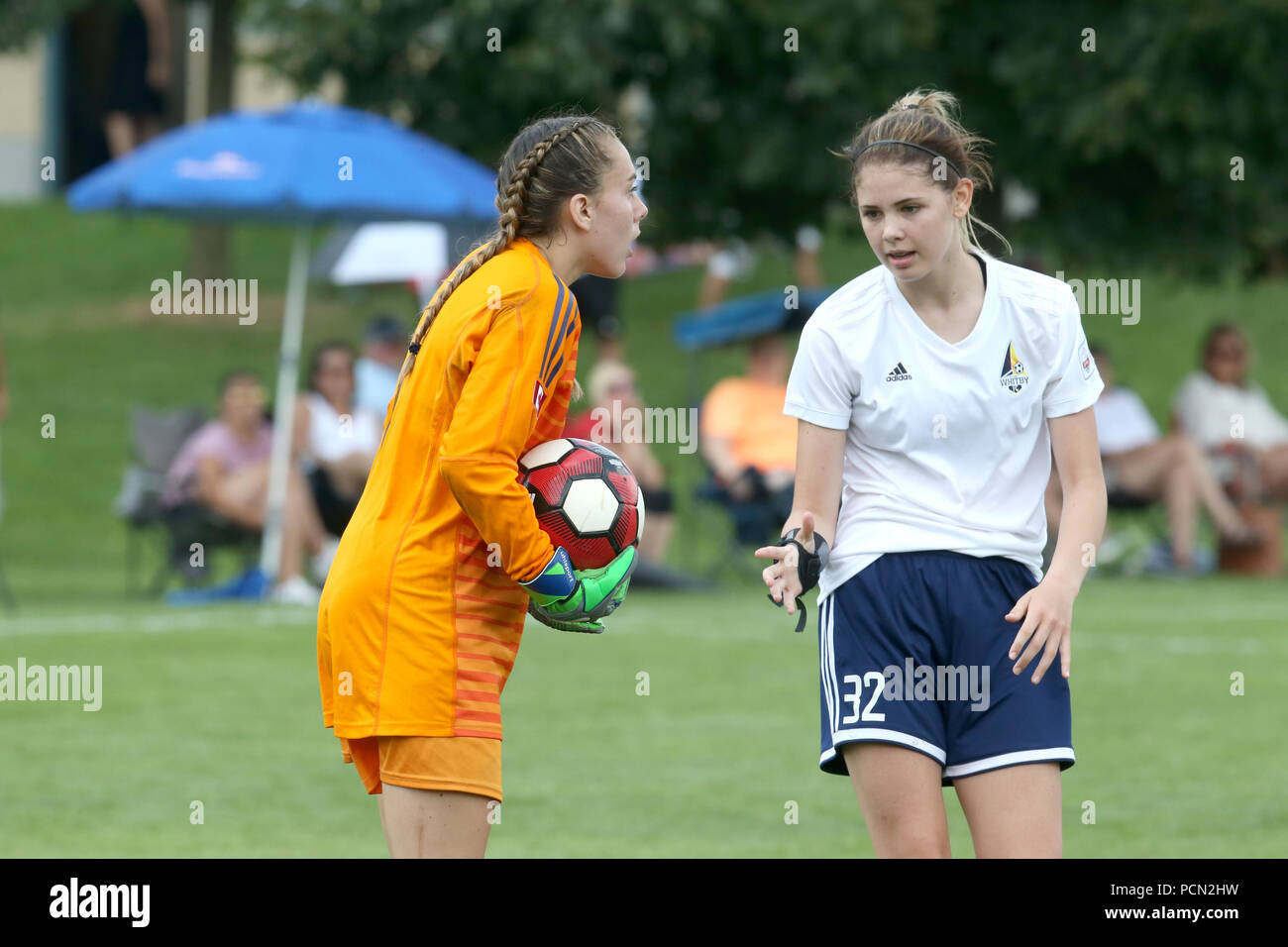 London, Ontario, Canada. Aug 3rd 2018, All 3500 Athletes and 800 volunteers  were prepared to battle the 35 degree humidex on Day 1 of the 2018 Ontario summer games. North Mississauga G15 (Black) tied Whitby Iroquois G15 (white) 0-0 With a close finish as Whitby had a penaltiy shot in the last seconds of the game that went wide.  Luke Durda/Alamy Live news Stock Photo