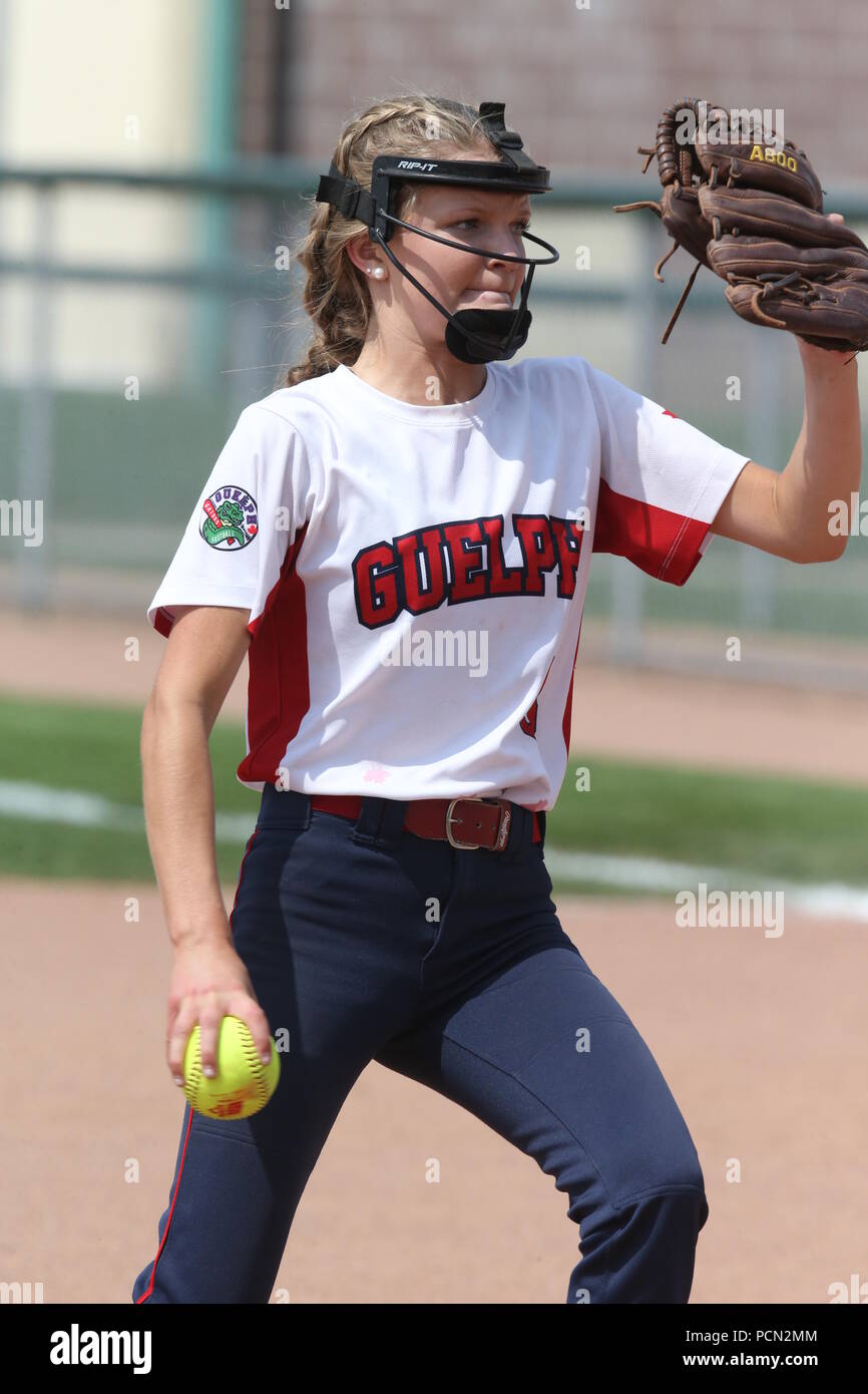 London, Ontario, Canada. Aug 3rd 2018, All 3500 Athletes and 800 volunteers  were prepared to battle the 35 degree humidex on Day 1 of the 2018 Ontario summer games. Girls U16 Softball played at Stronach community centre, Brampton beats Guelph Stock Photo