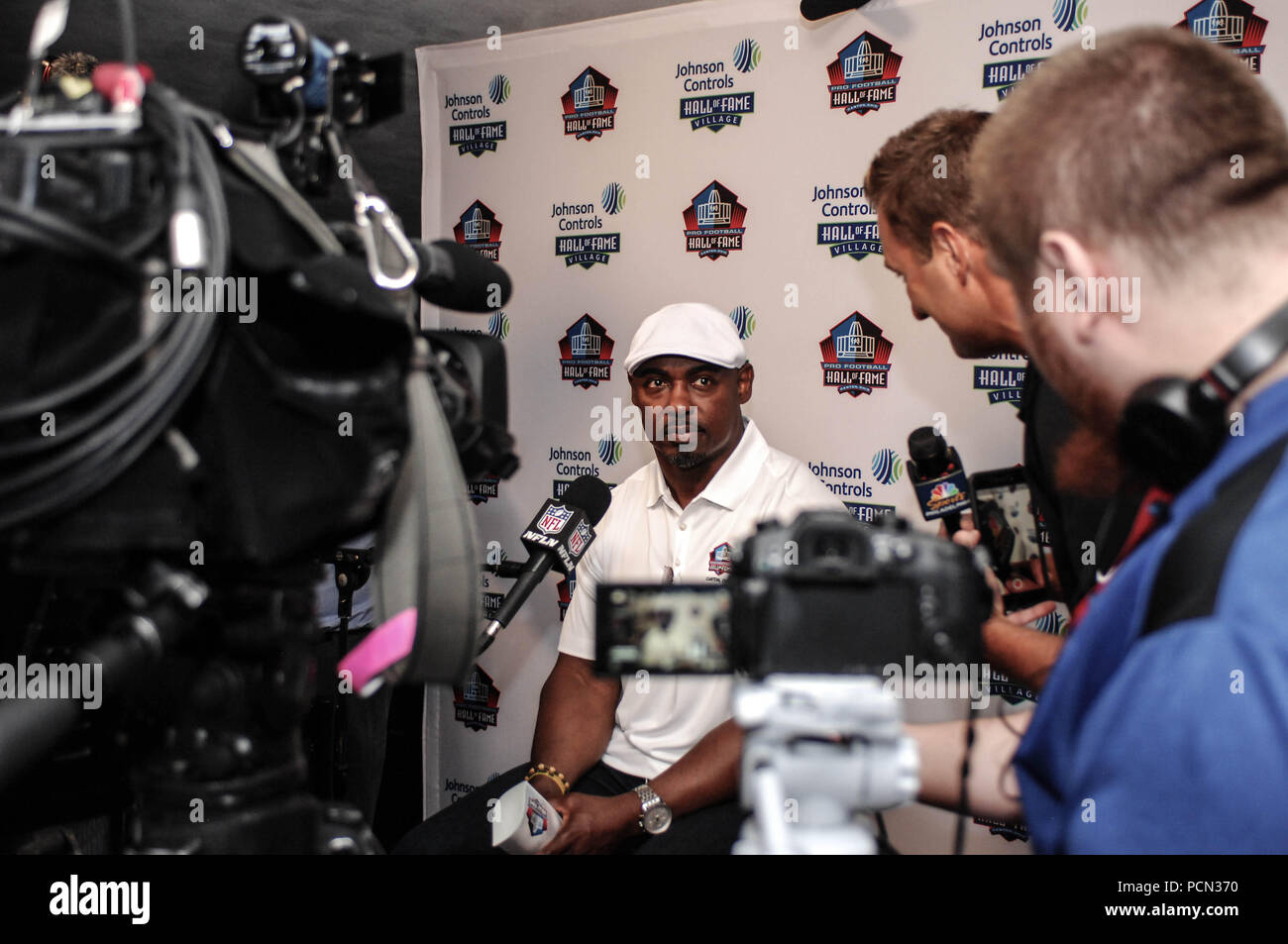 August 3rd, 2018: Pro Football Hall of Fame Inductee Brian Dawkins during the Media Conference at Canton McKinnley High School in Canton, Ohio. Jason Pohuski/CSM Stock Photo