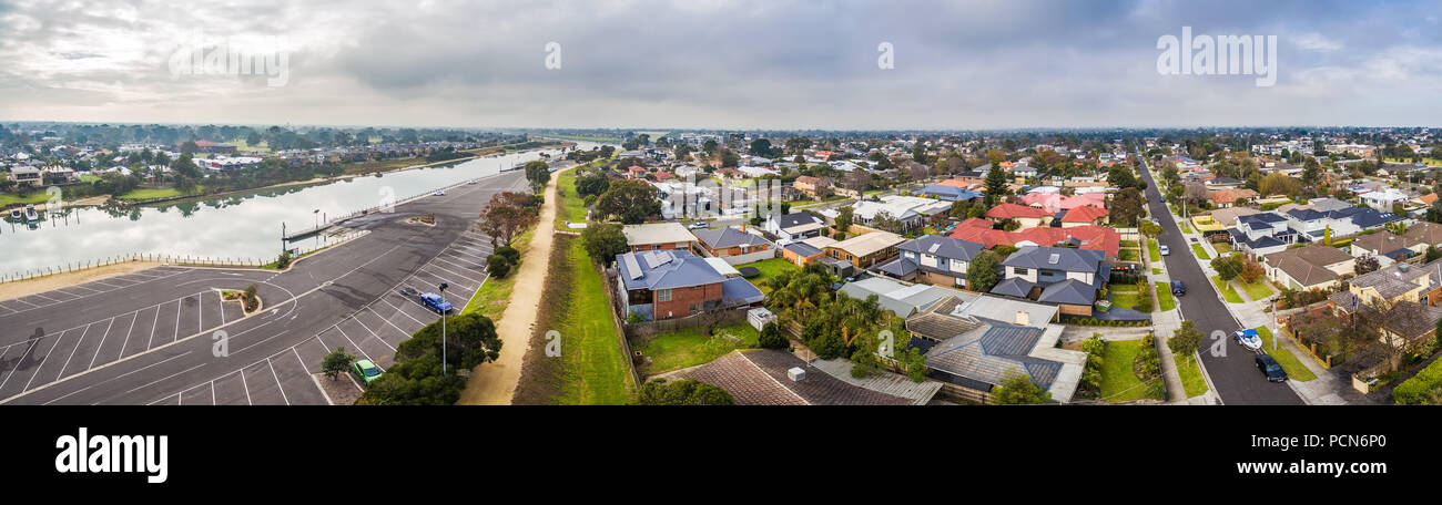 Wide aerial panorama of Carrum suburb and Patterson River. Mornington Peninsula, Melbourne, Australia Stock Photo