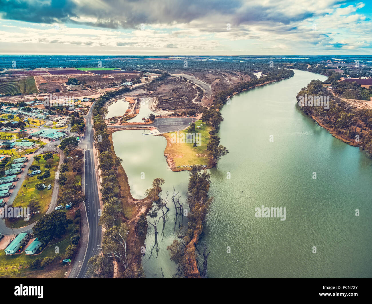 Aerial view of Murray River and the town Berri in South Australia Stock