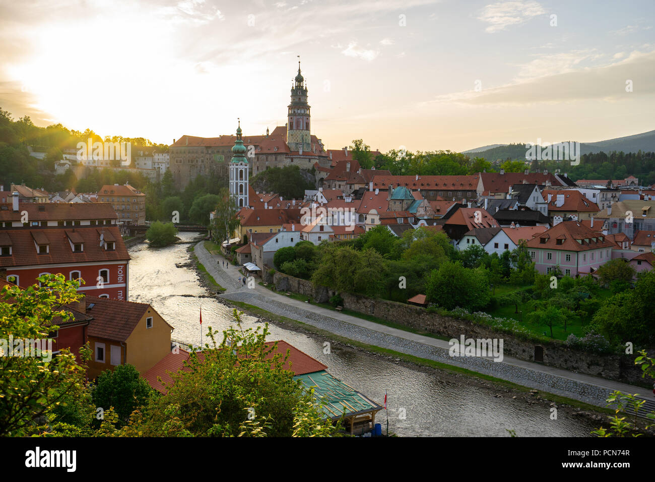 Sunset view of Cesky Krumlov old town in Czech Republic. Stock Photo