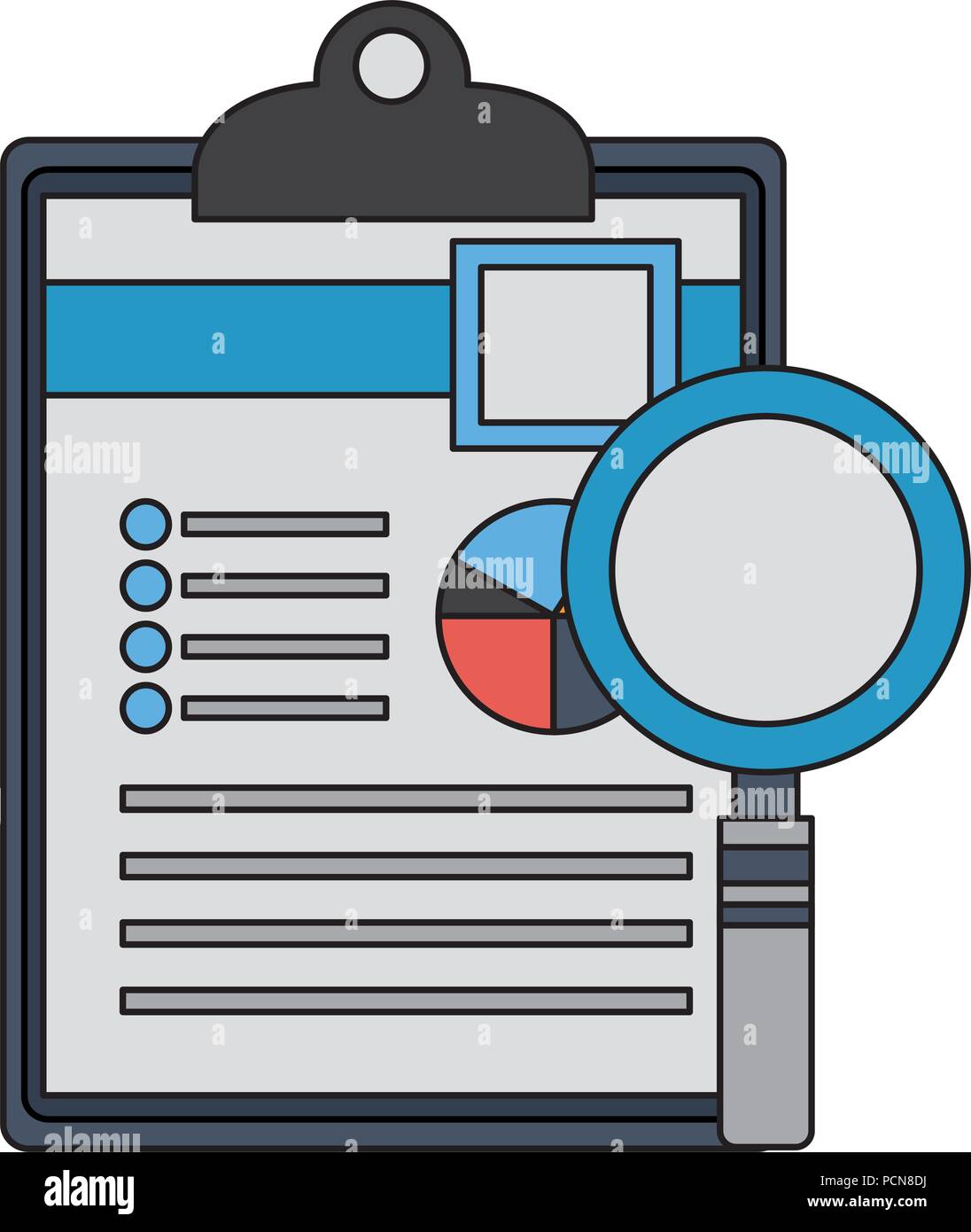 office clipboard document and magnifying glass vector illustration