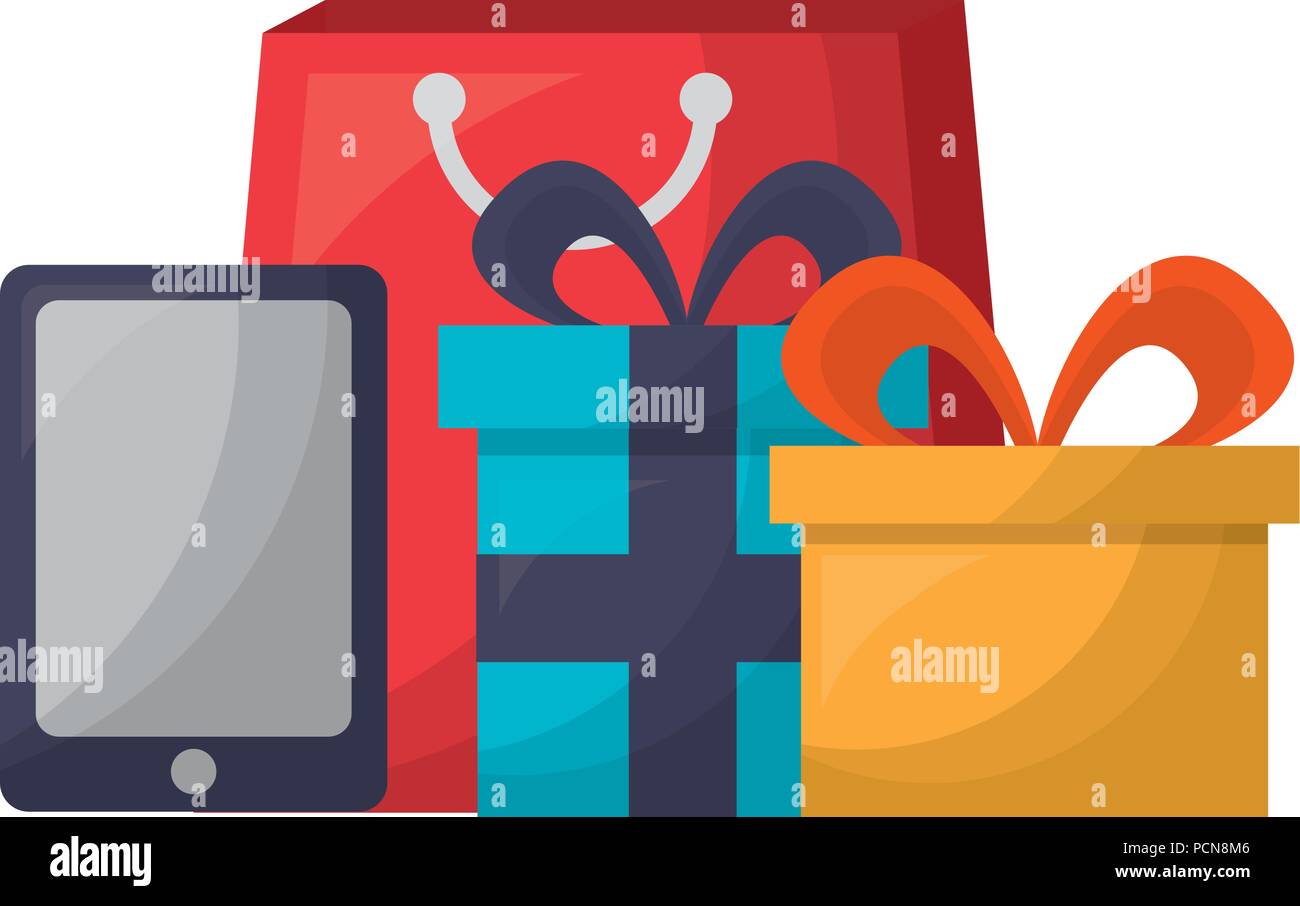 smartphone shopping bag gift boxes ecommerce vector illustration Stock ...