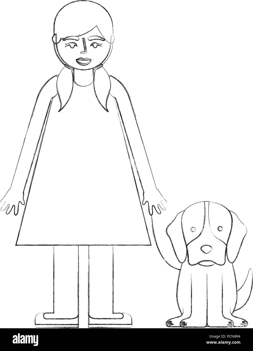 little girl with pet dog vector illustration hand drawing Stock ...